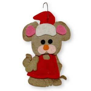 Vintage 1980s, Handcrafted 4” Felt Christmas Mouse Ornament, Santa Mouse